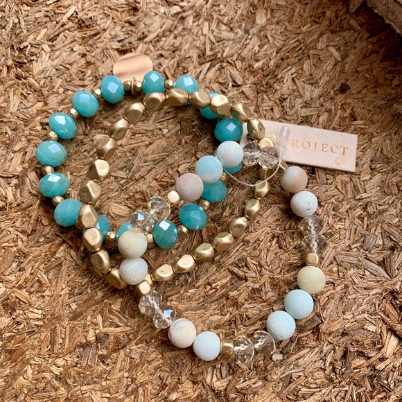 Aqua & Gold Crystal Stretch Bracelet Set - New - Picture 2 of 3